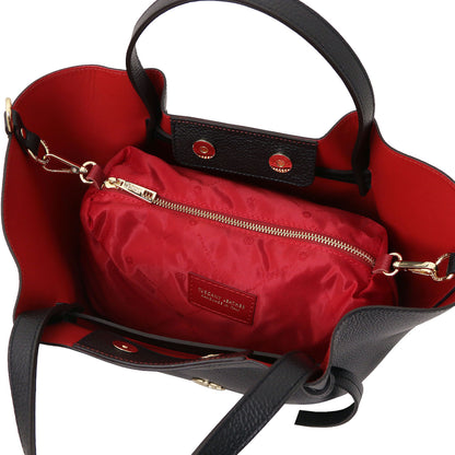 Legame - Italian leather shopping bag - Large size | TL142481 in black pebbled leather with red fabric interior pouch and gold hardware on white background.