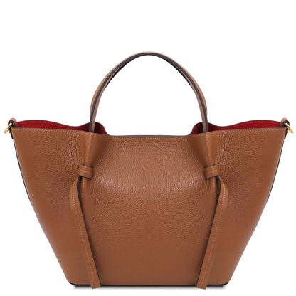 Legame - Italian leather shopping bag - Large size | TL142481 in brown pebbled leather with dual top handles and red interior on white background
