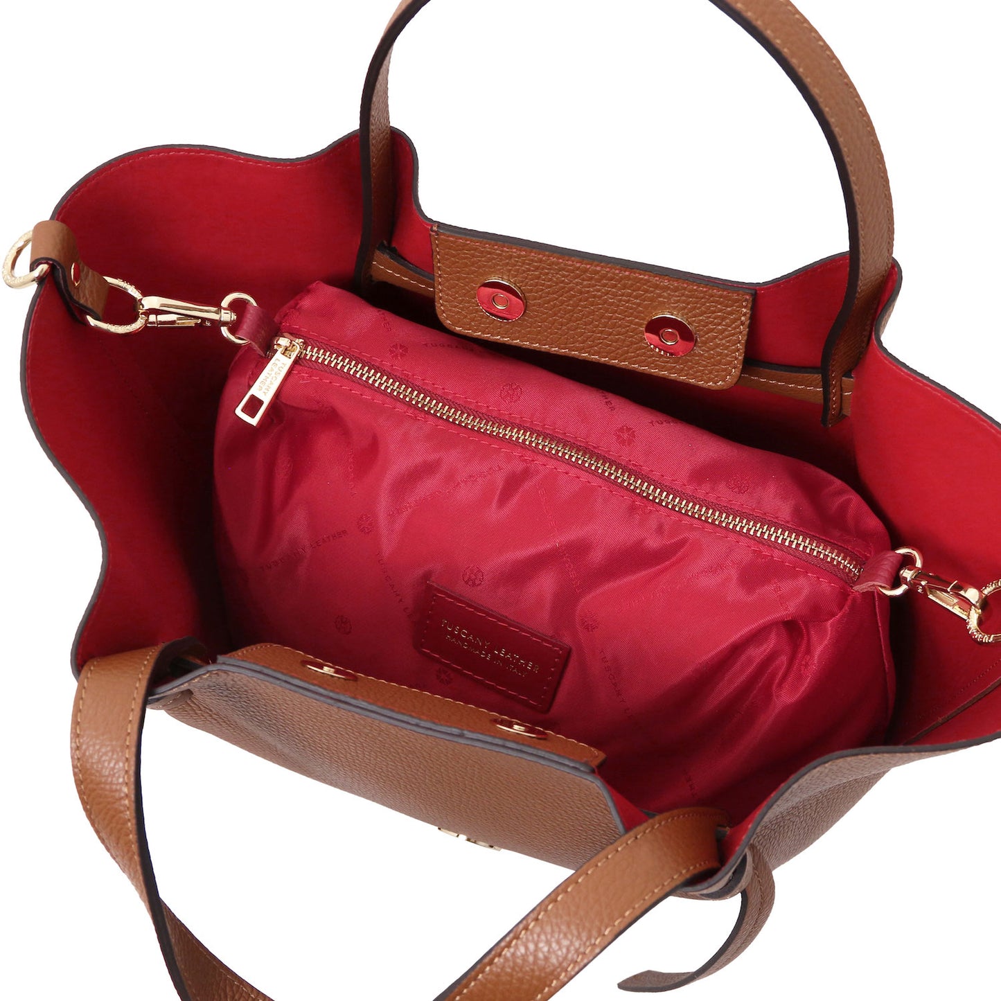 Legame - Italian leather shopping bag - Large size | TL142481 in brown pebbled leather with red fabric interior pouch and gold hardware on white background