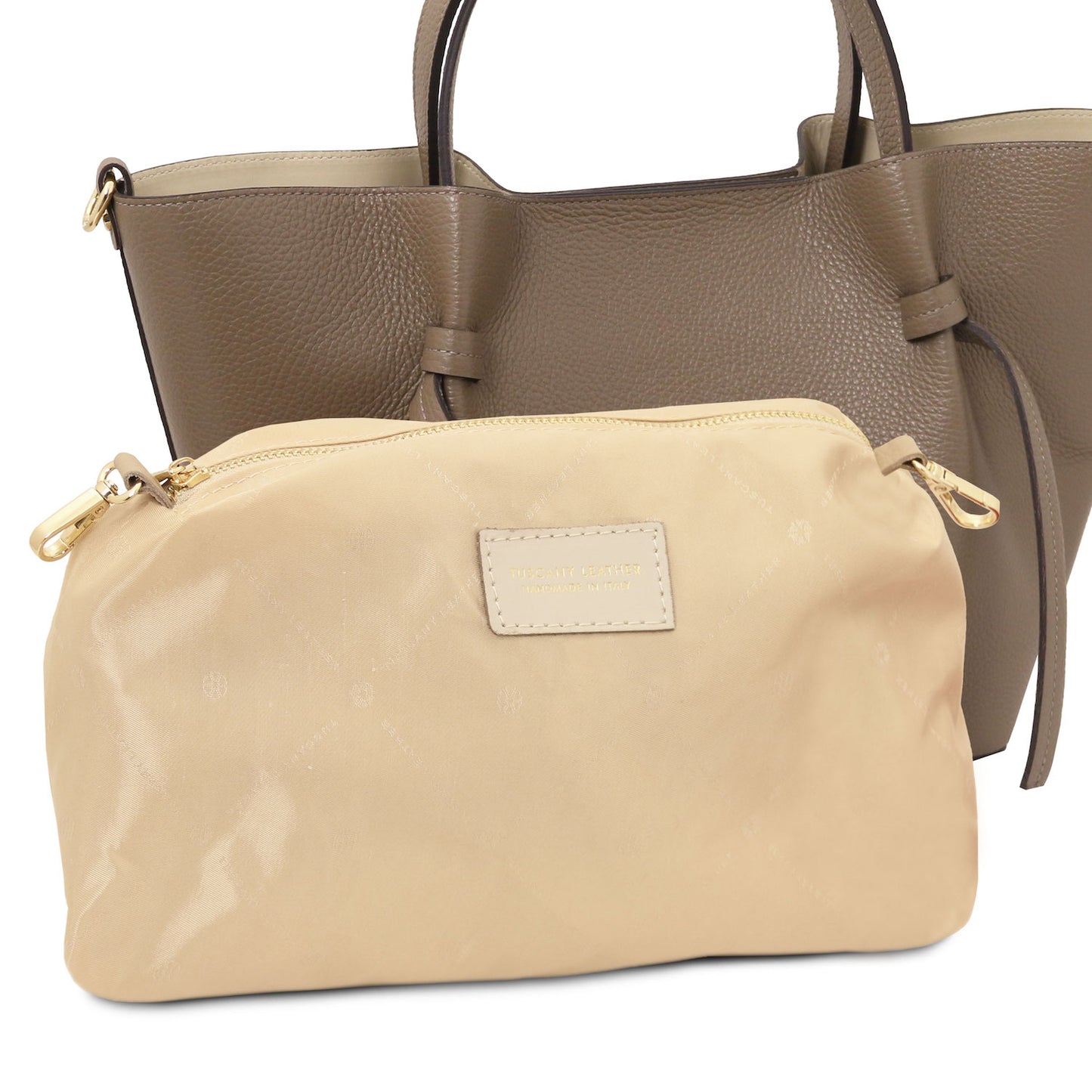 Legame - Italian leather shopping bag - Large size | TL142481 in taupe pebbled leather with dual top handles, shown with beige zippered pouch on white background.