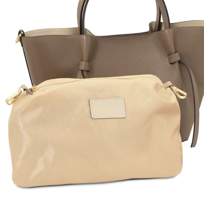 Legame - Italian leather shopping bag - Large size | TL142481 in taupe pebbled leather with dual top handles, shown with beige zippered pouch on white background.
