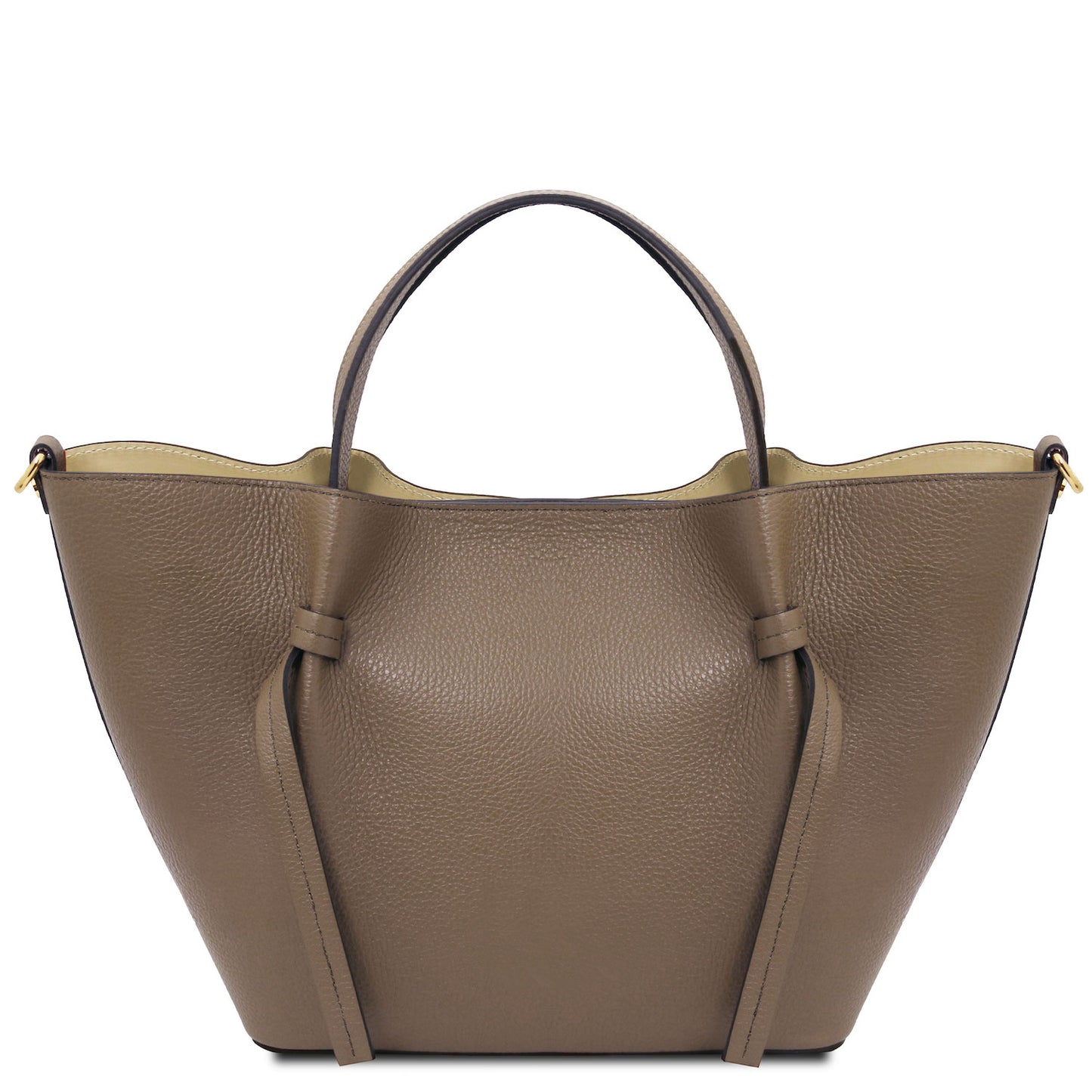 Legame - Italian leather shopping bag - Large size | TL142481 in taupe pebbled leather with dual top handles and tie accents on beige background.
