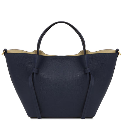Legame - Italian leather shopping bag - Large size | TL142481 in navy pebbled leather with dual top handles and beige interior lining on white background