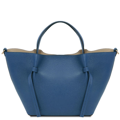 Legame large blue pebbled leather shopping bag with two top handles.