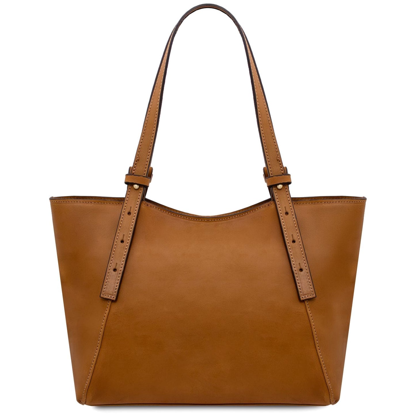 Side view of Libra tan leather tote with long buckled handles and stitched edges