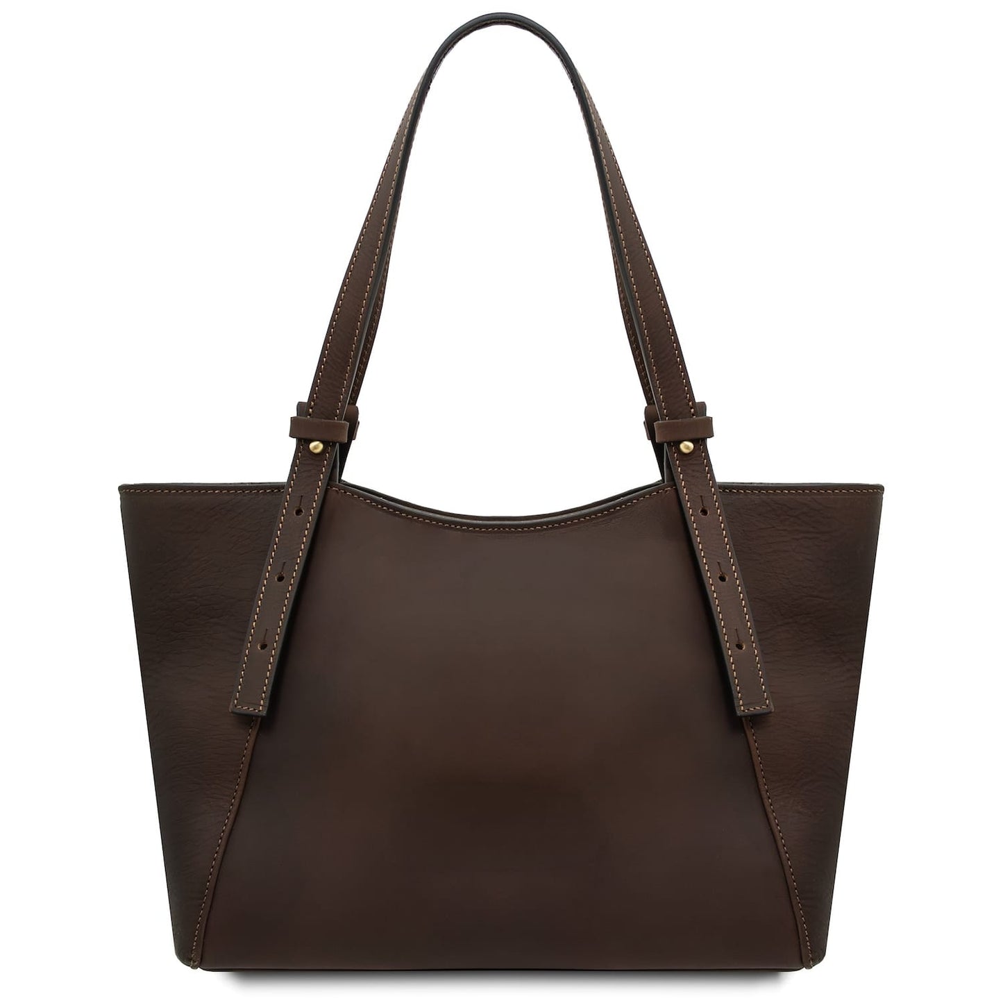 Dark brown Libra leather tote with long double handles and beige stitching, front view