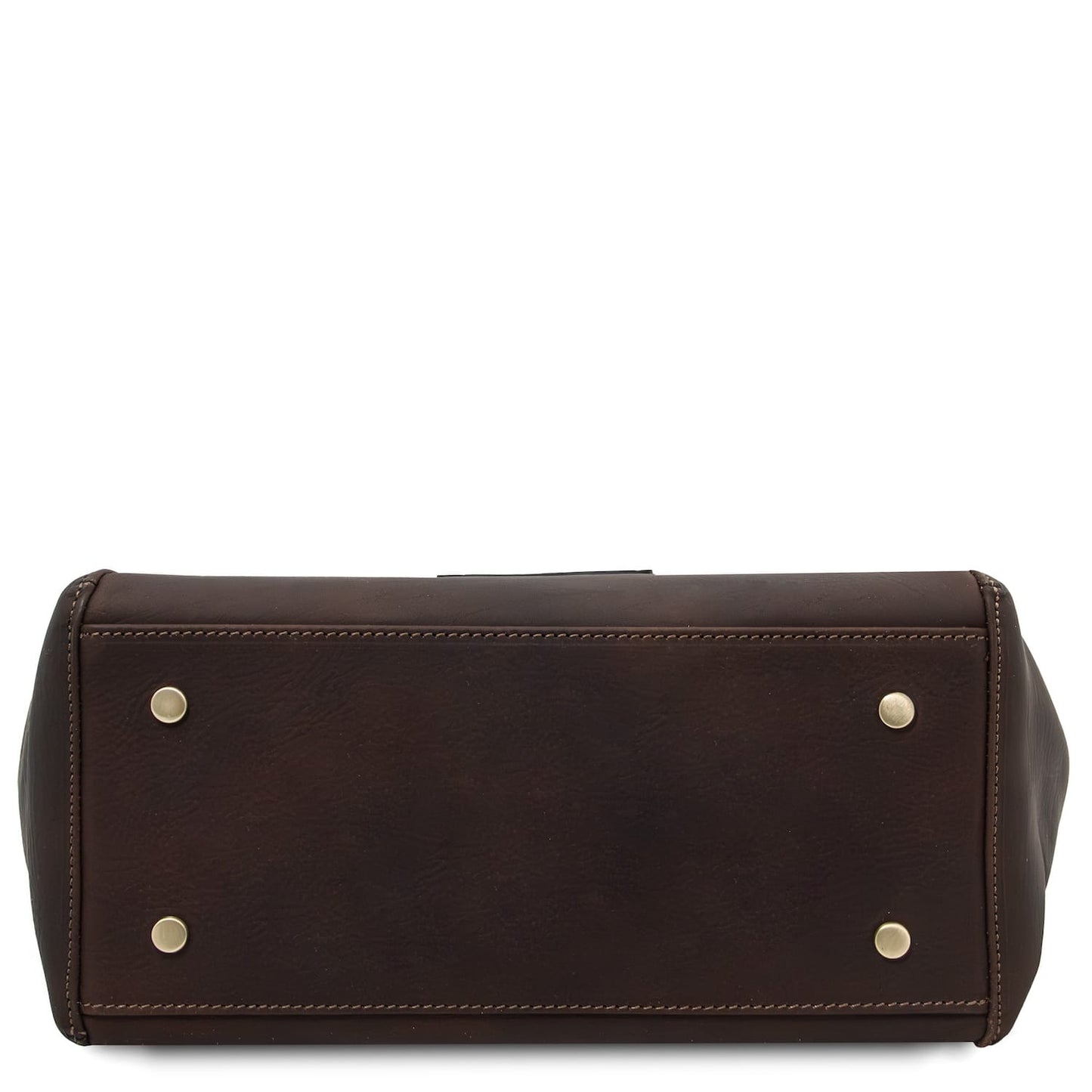 Bottom view of dark brown Libra tote showing gold metal feet and stitched edges