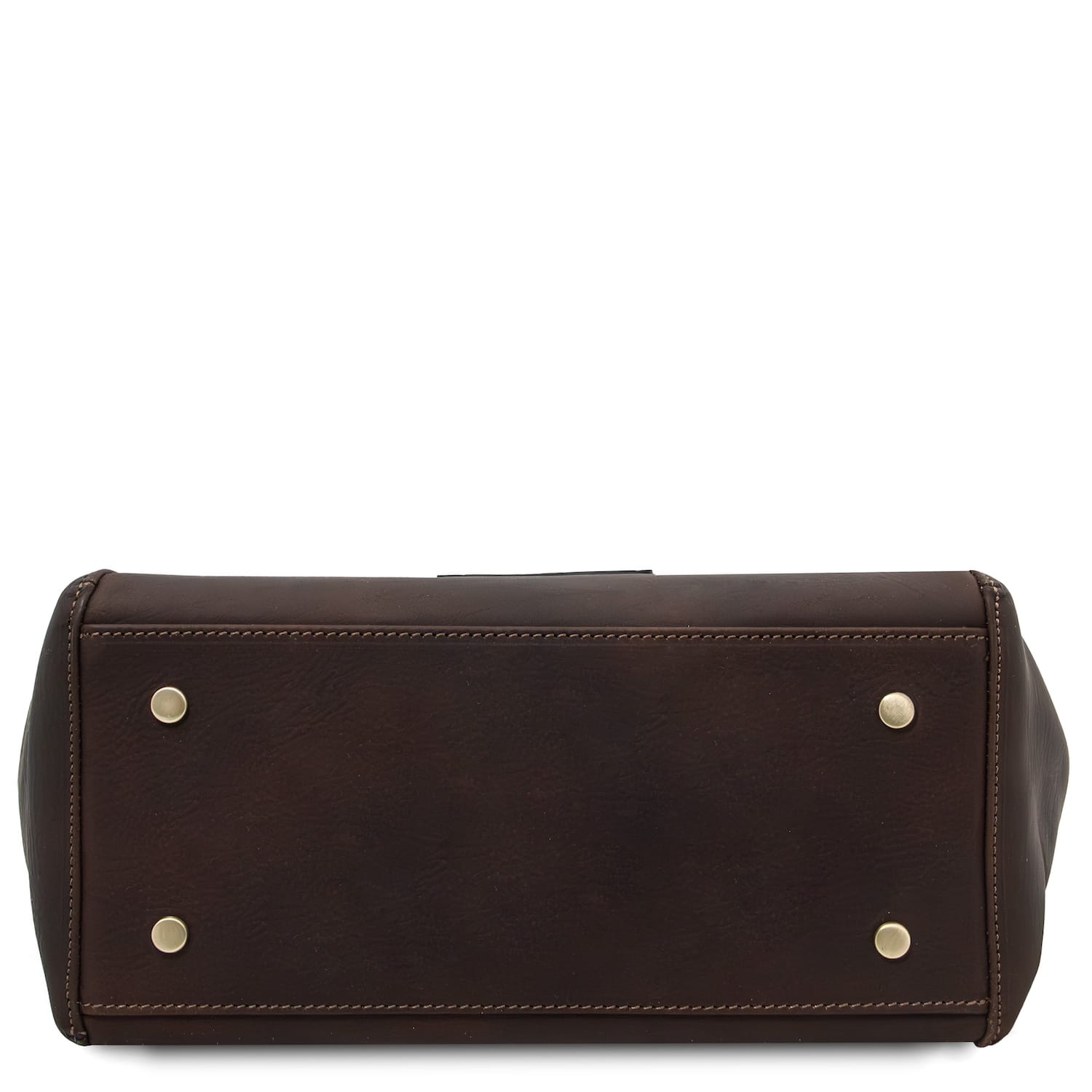 Bottom view of dark brown Libra tote showing gold metal feet and stitched edges