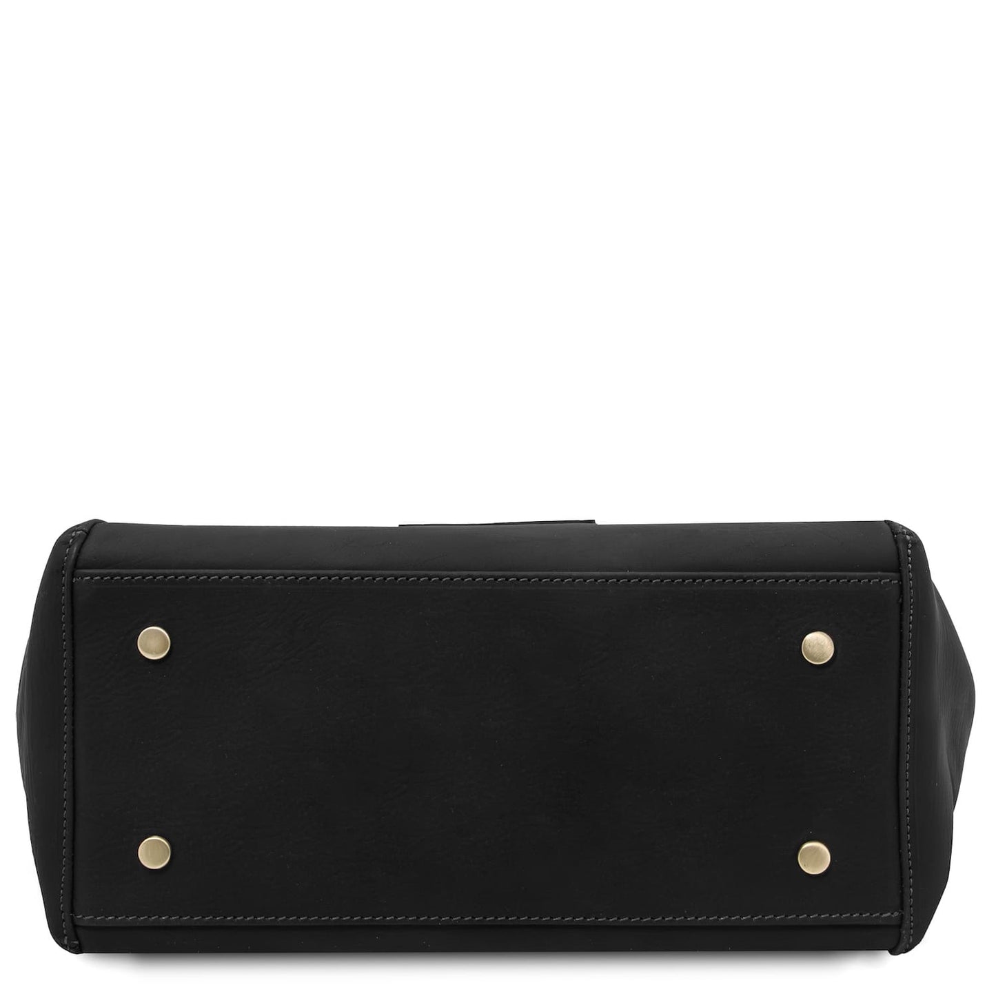Bottom of black Libra tote with four gold studs.