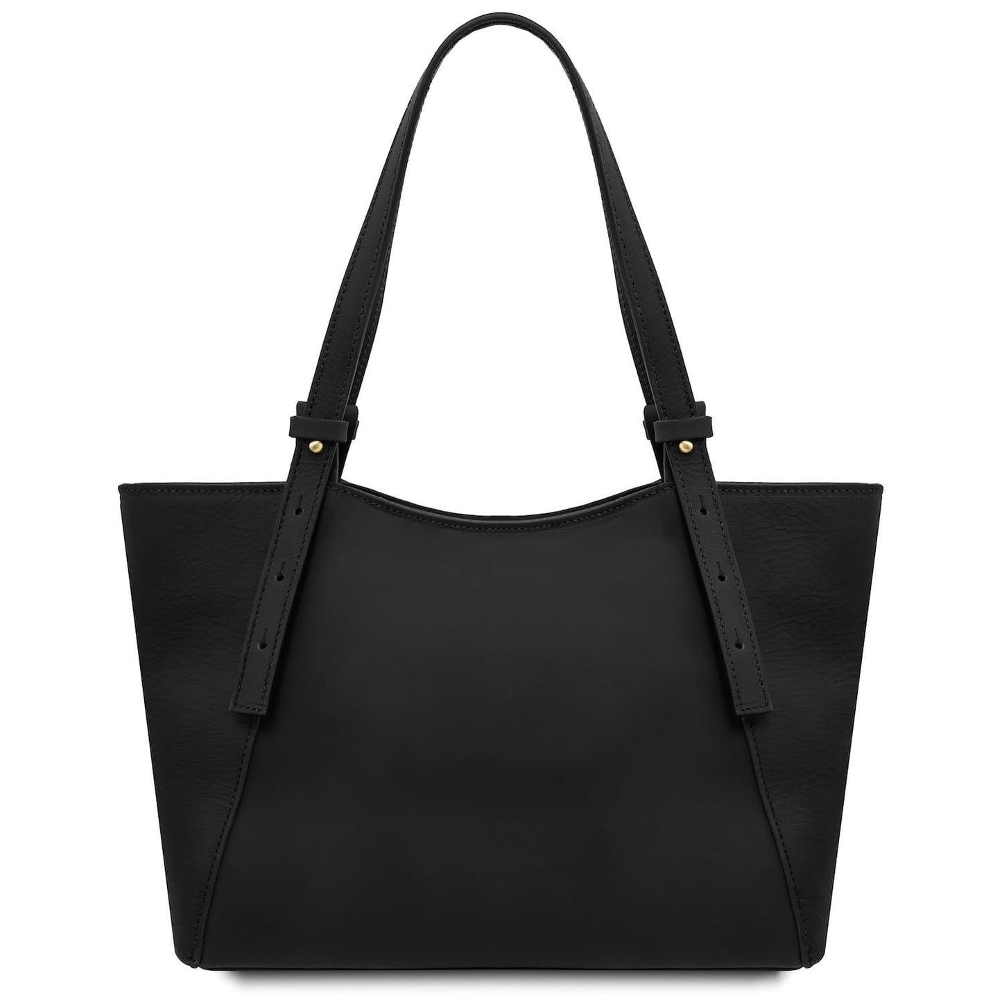 Three-quarter view of black Libra tote with long handles and minimalist leather design