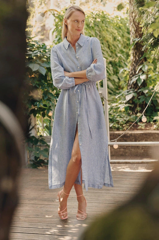 Linen Rhapsody Dress - Blue White Stripes - Premium  - Shop now at San Rocco Italia