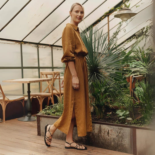 Linen Rhapsody Dress - Bronze - Premium  - Shop now at San Rocco Italia