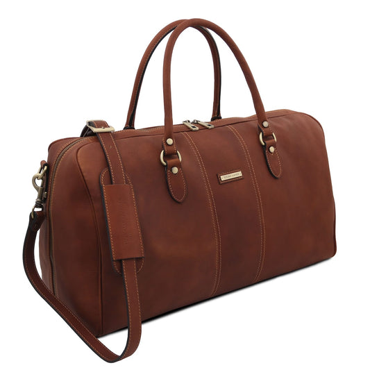 Lisbona large travel leather duffle bag in brown with dual top handles and detachable shoulder strap front view