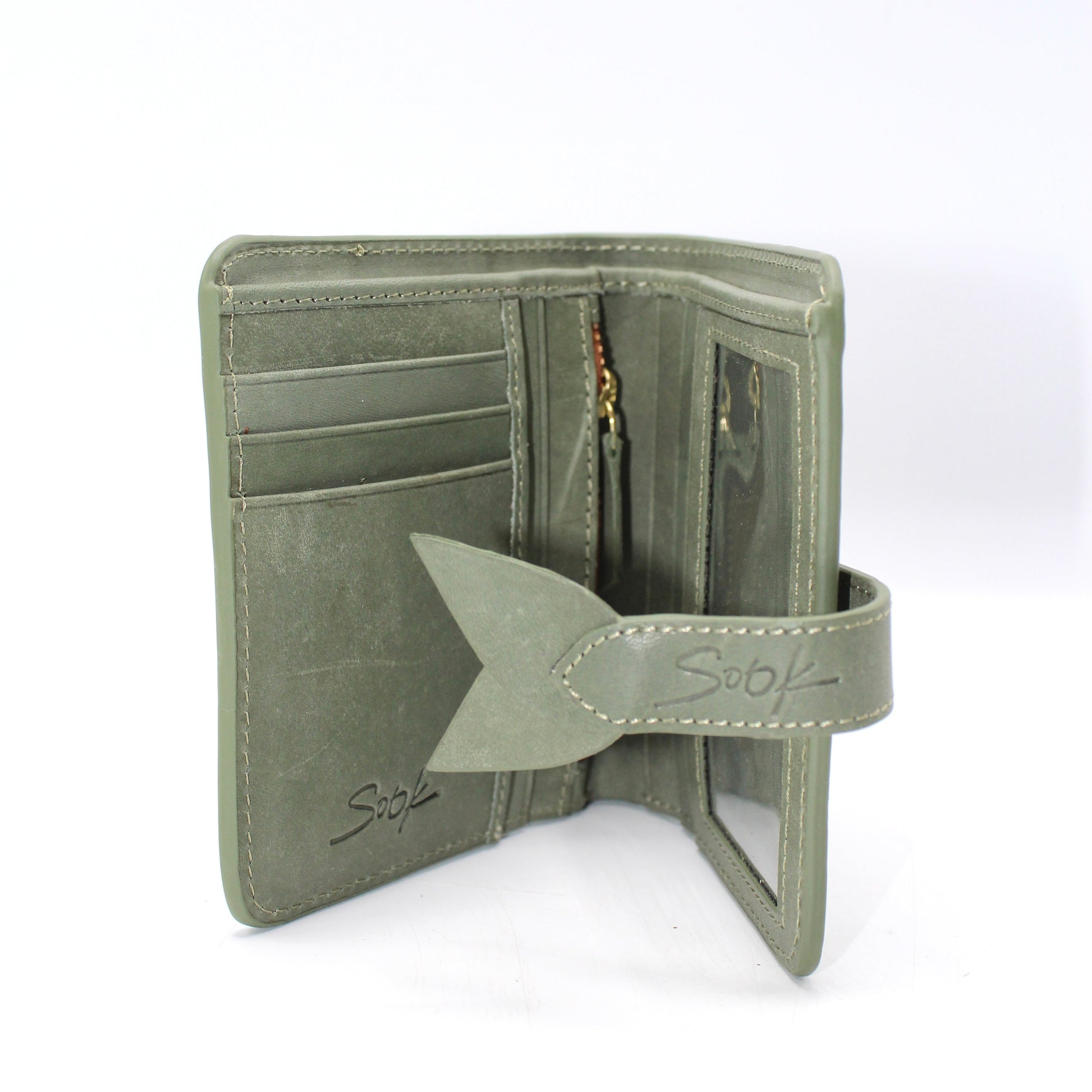 Lumi - Handwoven Leather Wallet | Avocado & Teal featuring multiple card slots and a clear ID window with stitched leather snap closure.