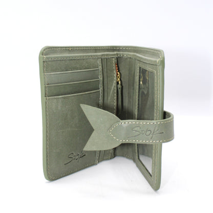 Lumi - Handwoven Leather Wallet | Avocado & Teal featuring multiple card slots and a clear ID window with stitched leather snap closure.