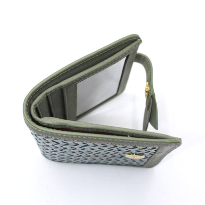 Lumi - Handwoven Leather Wallet | Avocado & Teal showing woven leather exterior with open view of card slots and clear ID window.