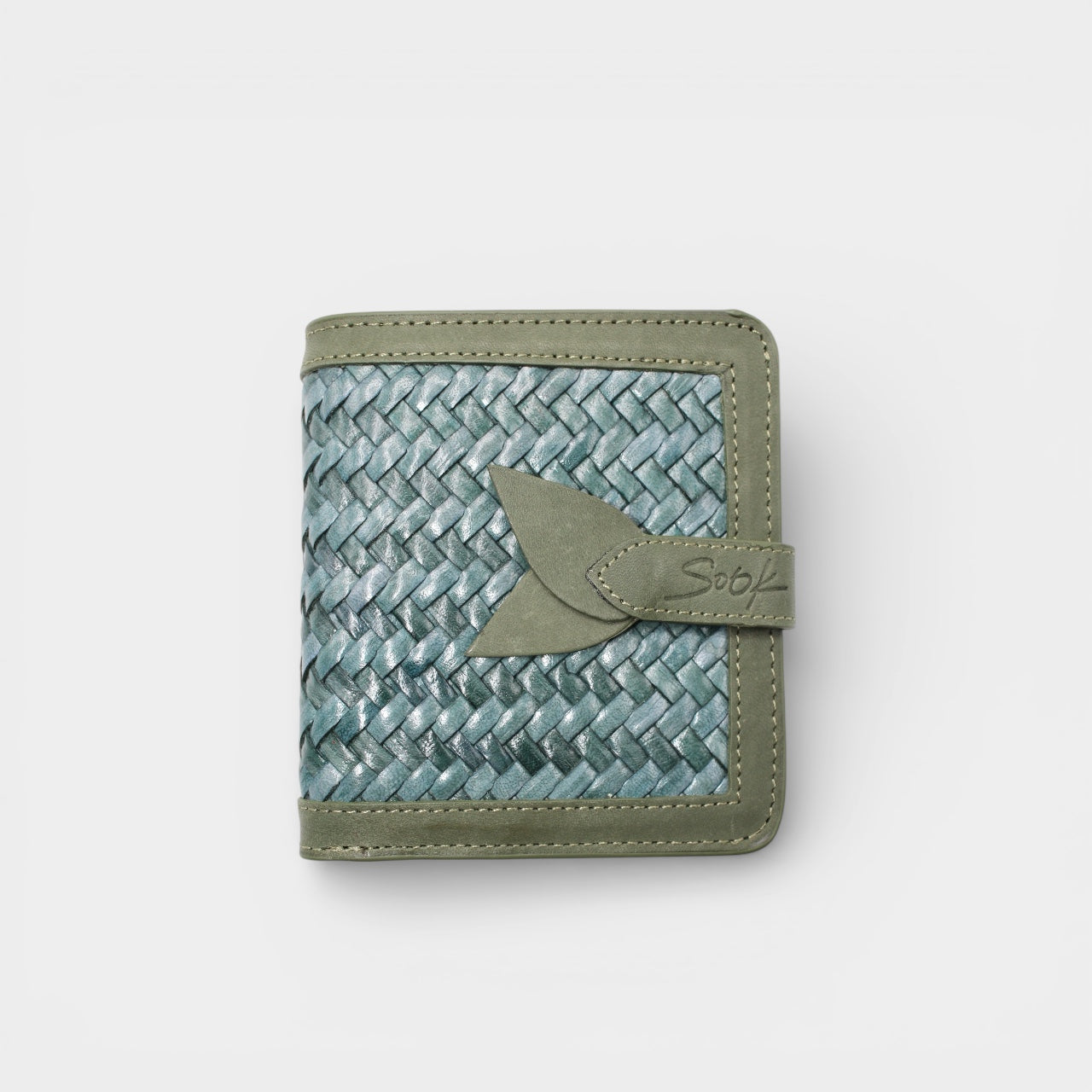 Lumi - Handwoven Leather Wallet | Avocado & Teal featuring woven leather pattern with avocado green leather trim and snap closure.