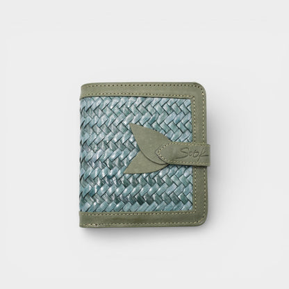 Lumi - Handwoven Leather Wallet | Avocado & Teal featuring woven leather pattern with avocado green leather trim and snap closure.