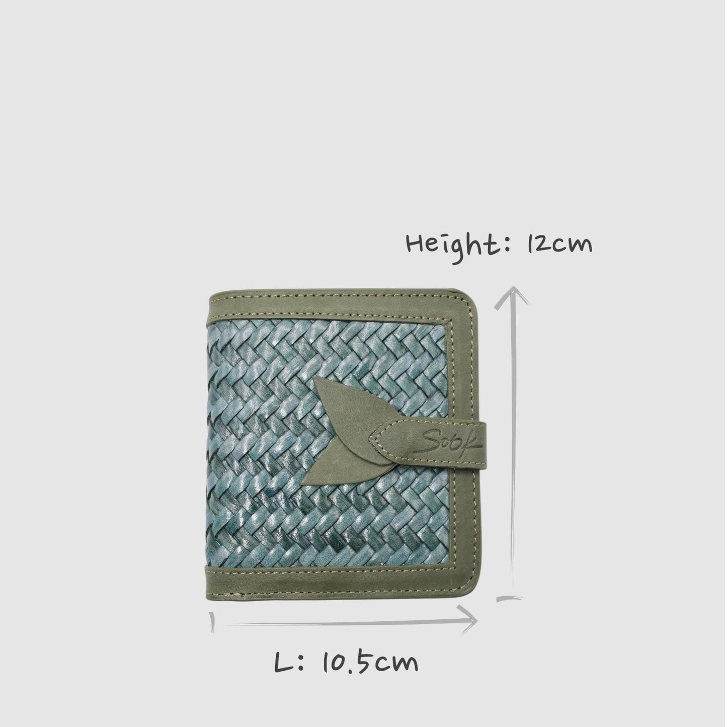 Lumi - Handwoven Leather Wallet | Avocado & Teal with woven leather front panel, smooth avocado trim, and unique leather strap closure.