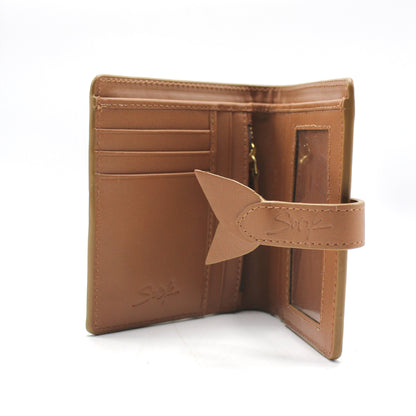 Lumi - Handwoven Leather Wallet | Brown & Taupe open to display card slots, ID window, and secure leather tab closure on white background.