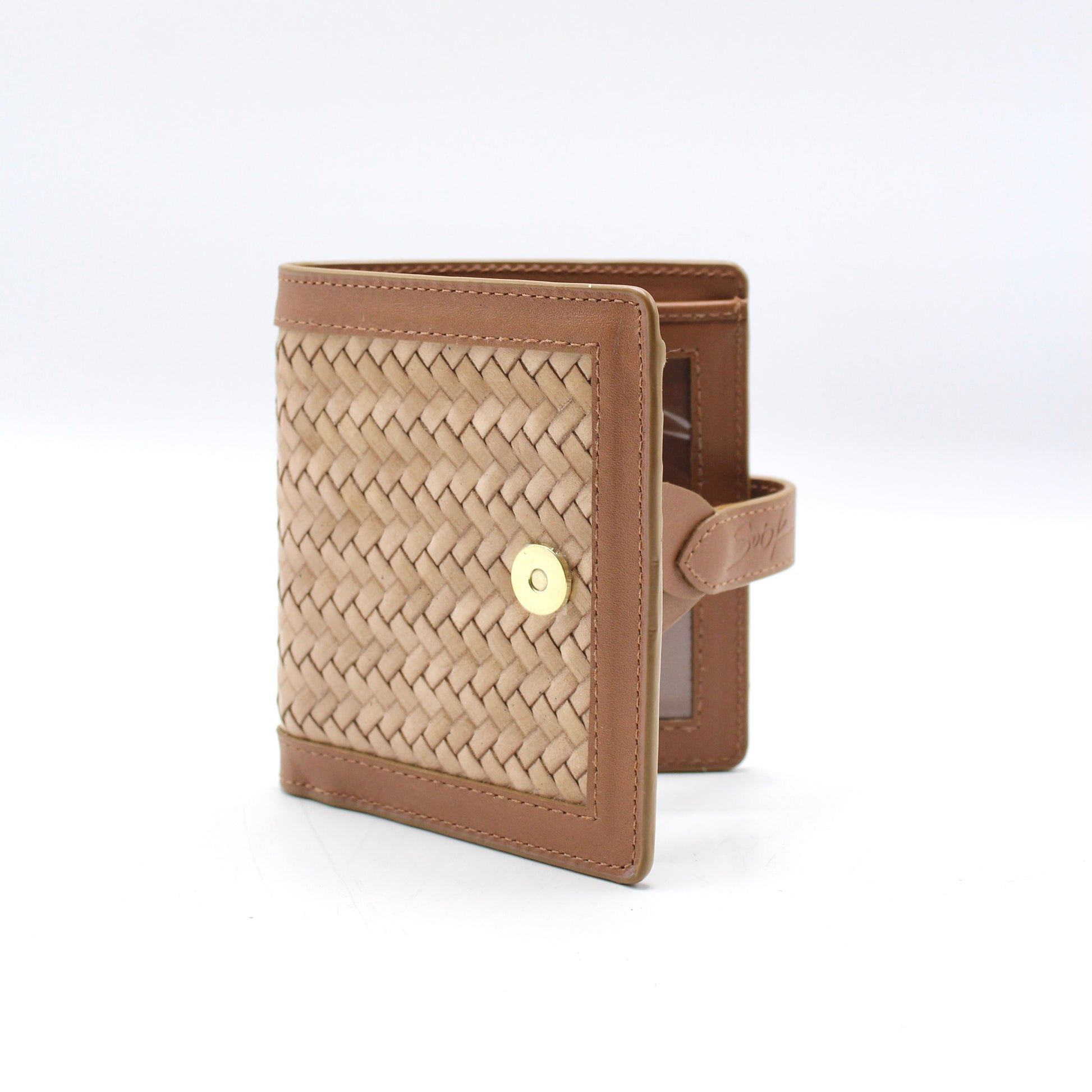 Lumi - Handwoven Leather Wallet | Brown & Taupe featuring woven leather with smooth brown leather trim and a gold-tone snap closure.