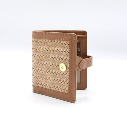 Lumi - Handwoven Leather Wallet | Brown & Taupe featuring woven leather with smooth brown leather trim and a gold-tone snap closure.