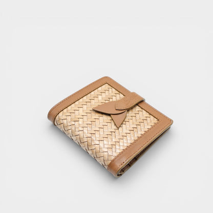 Lumi - Handwoven Leather Wallet | Brown & Taupe featuring woven leather with smooth taupe edges and a leather strap closure detail.