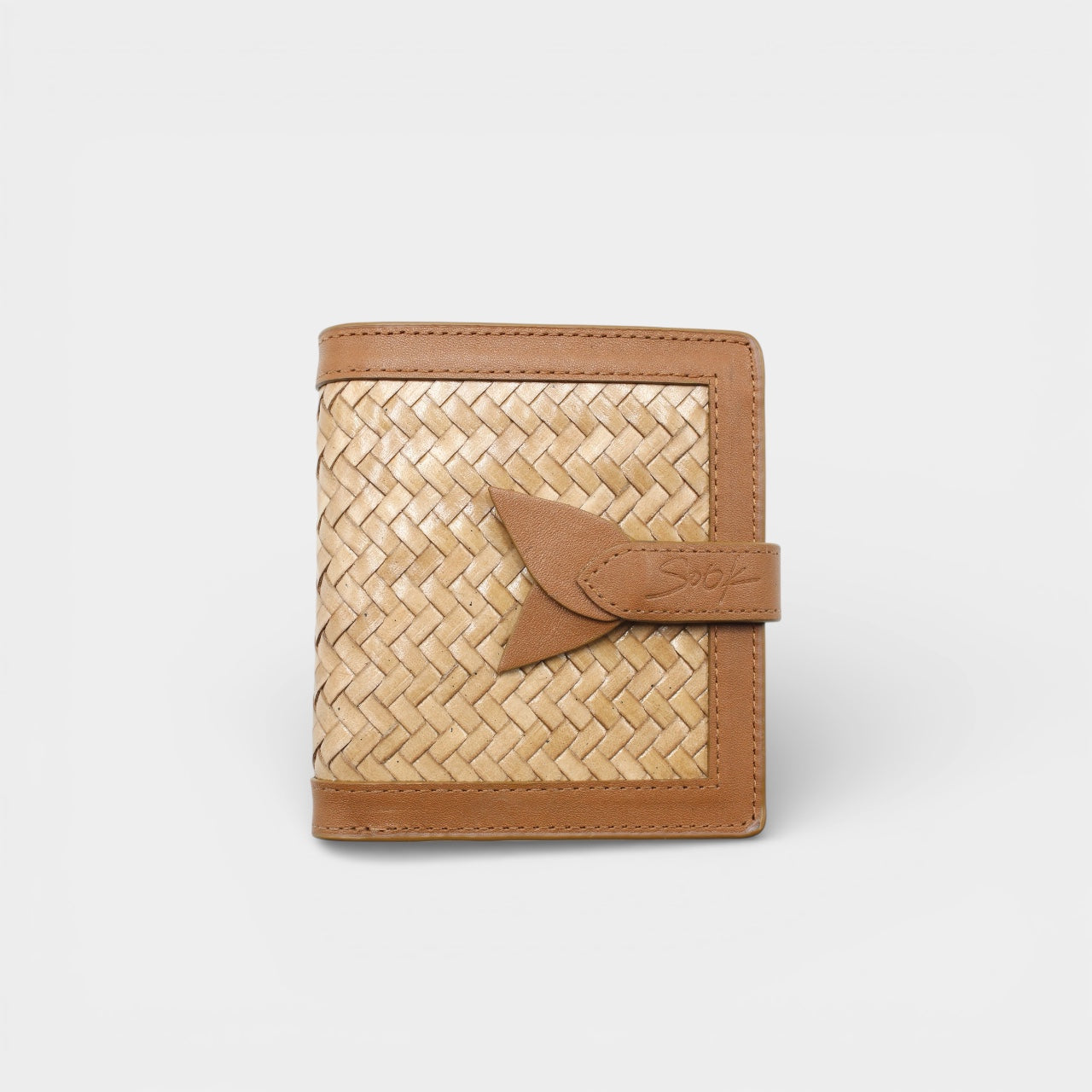 Lumi - Handwoven Leather Wallet | Brown & Taupe with woven textured leather and smooth brown leather trim secured by a tab closure