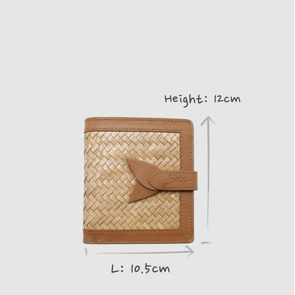Lumi - Handwoven Leather Wallet | Brown & Taupe with woven leather front, smooth brown trim, and leather tab closure shown with size dimensions.