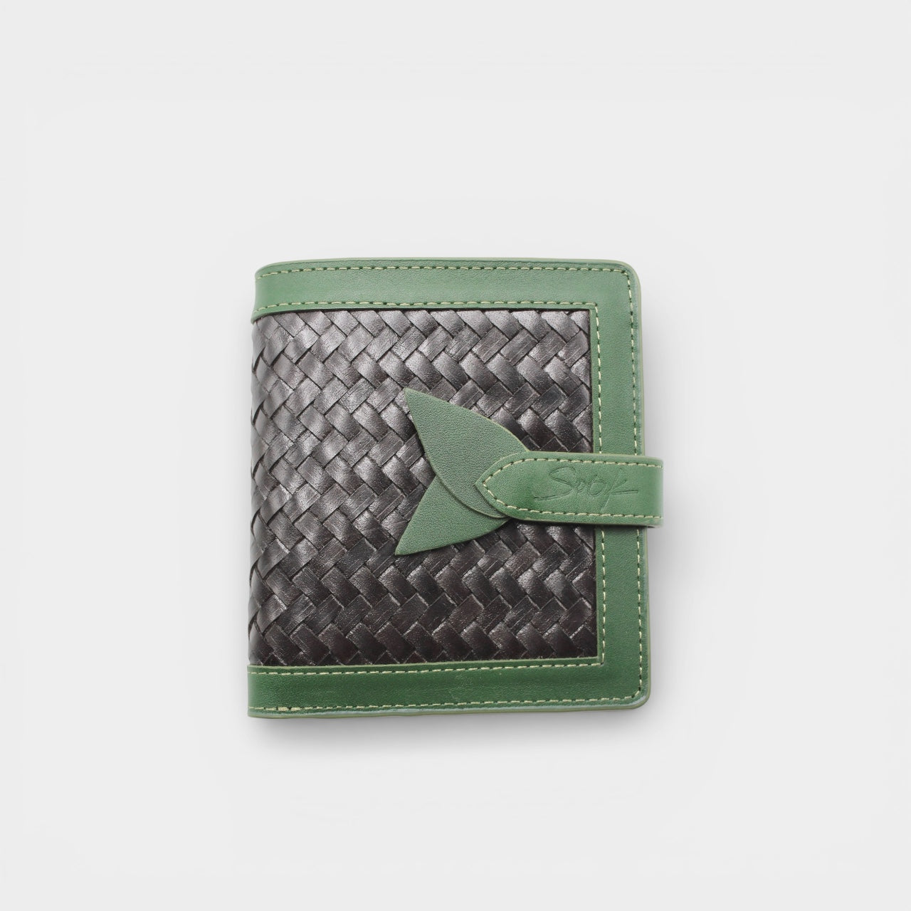 Lumi - Handwoven Leather Wallet | Green&Dark Coffee featuring woven dark coffee leather with green leather trim and tab closure detail.