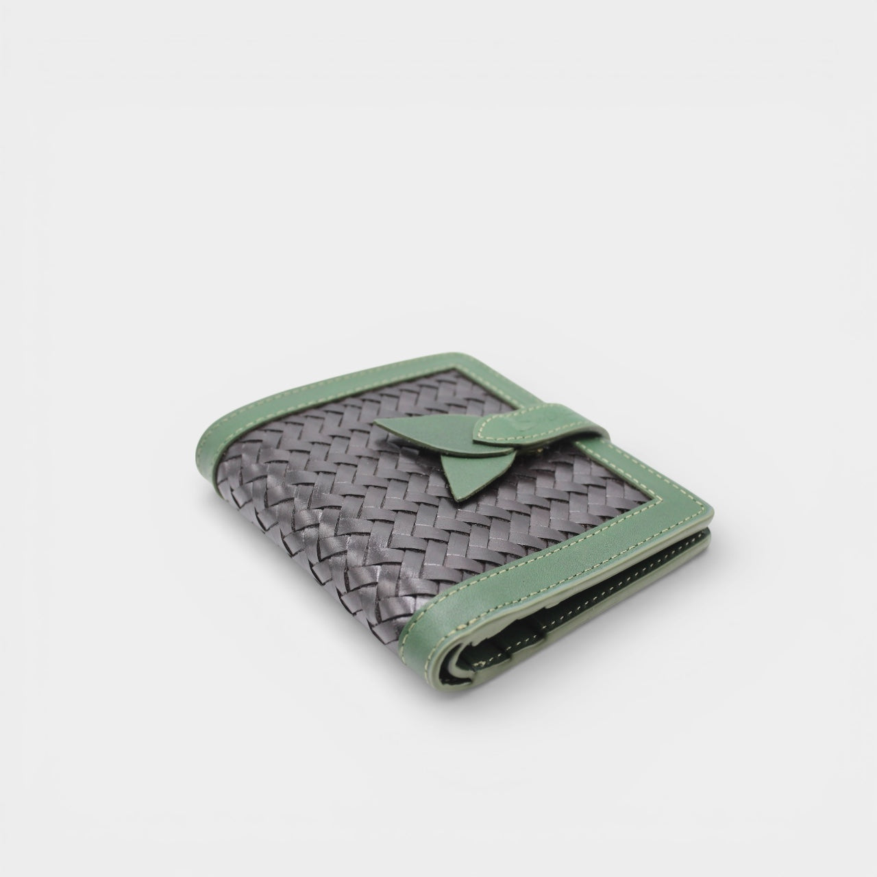 Lumi - Handwoven Leather Wallet | Green&Dark Coffee featuring woven dark coffee leather with green leather trim and unique clasp detail