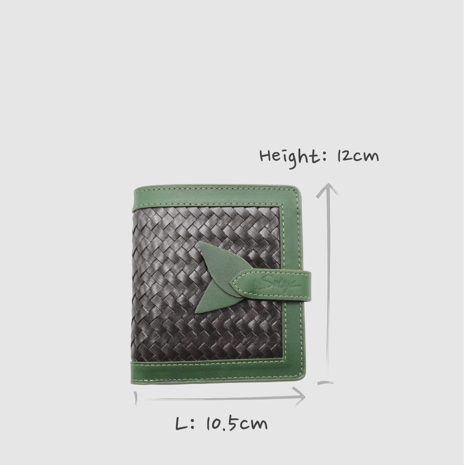 Lumi - Handwoven Leather Wallet | Green&Dark Coffee featuring woven dark coffee leather with green leather trim and a leaf-shaped clasp detail.