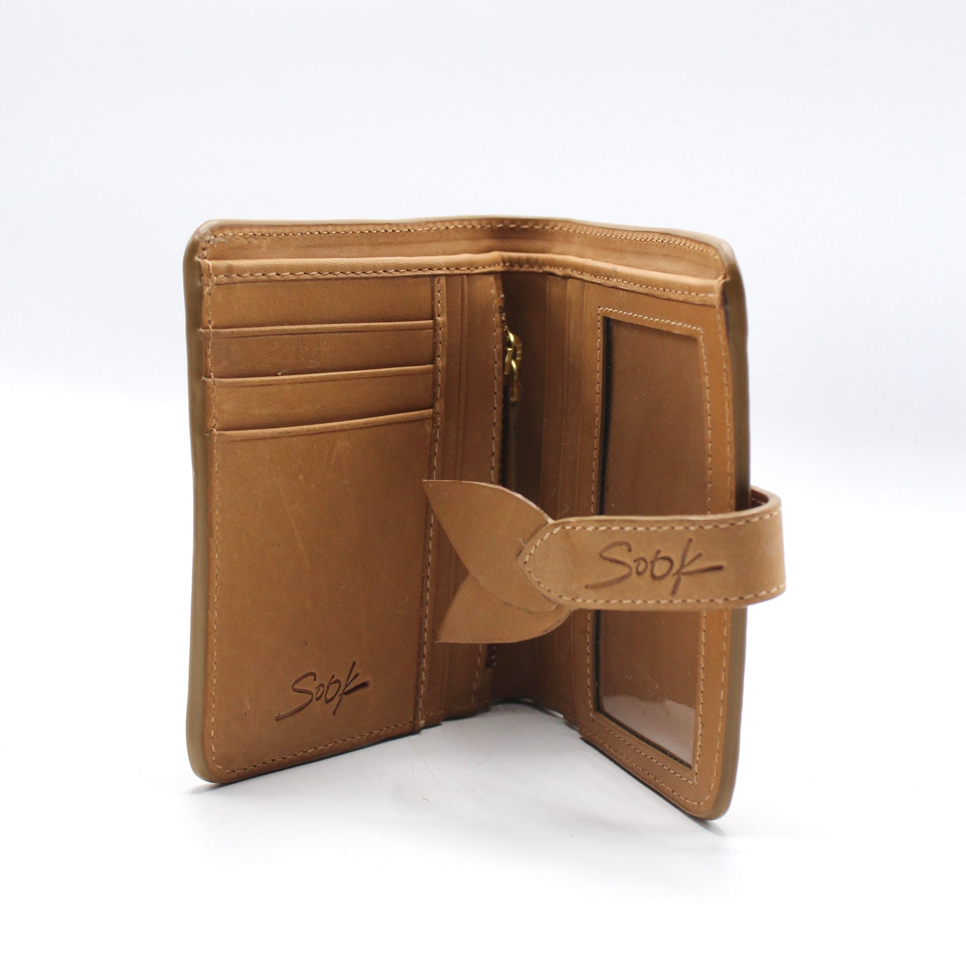 Lumi - Handwoven Leather Wallet | Taupe & Coffee showing open wallet with multiple card slots, ID window, and smooth leather strap closure