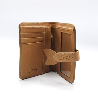 Lumi - Handwoven Leather Wallet | Taupe & Coffee showing open wallet with multiple card slots, ID window, and smooth leather strap closure