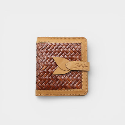 Lumi - Handwoven Leather Wallet | Taupe & Coffee with woven coffee leather front and smooth taupe leather trim secured by a leather tab closure.