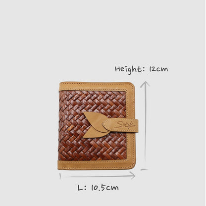 Lumi - Handwoven Leather Wallet | Taupe & Coffee featuring woven leather texture in coffee with smooth taupe leather trim and tab closure