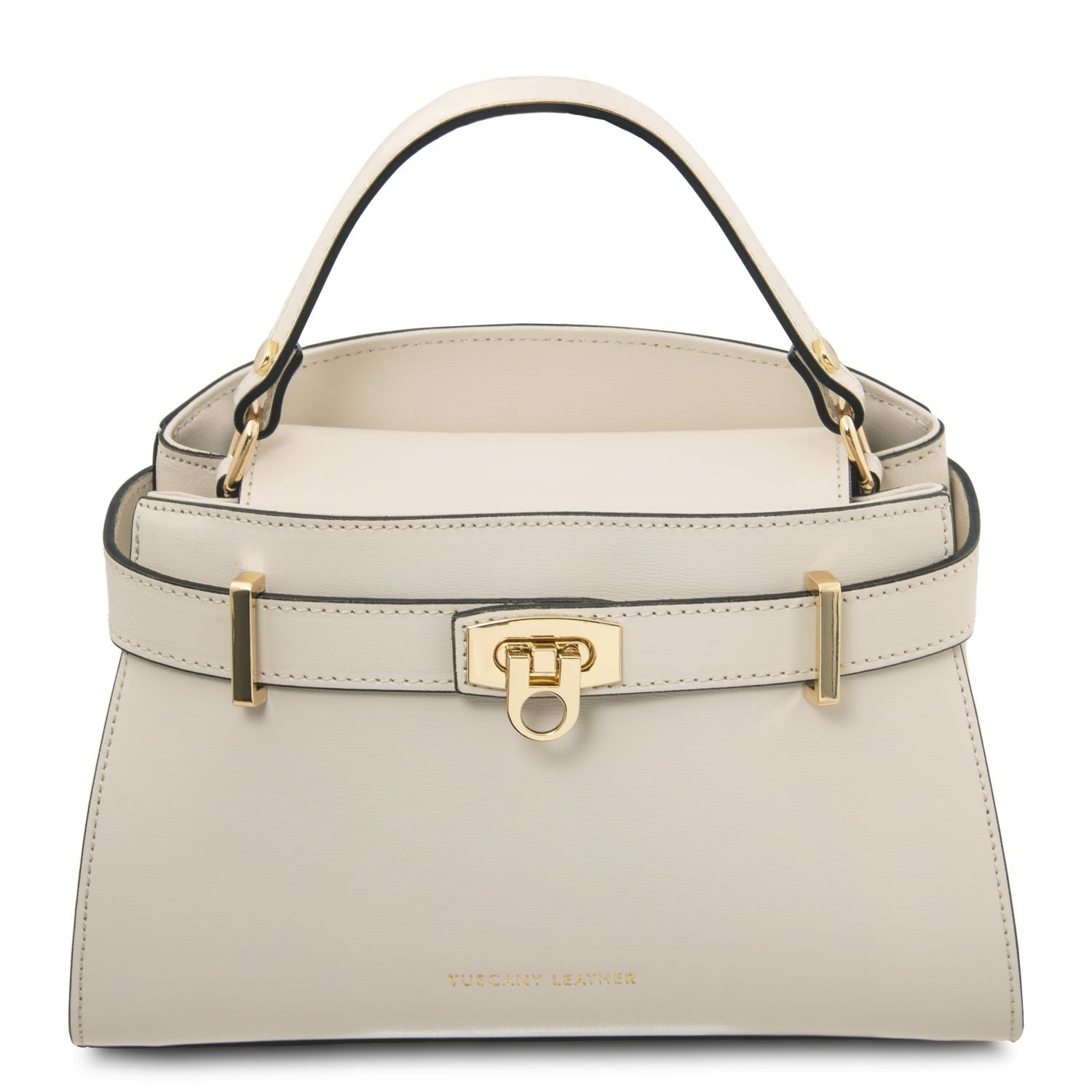 Beige maisy handbag with gold accents on a white background