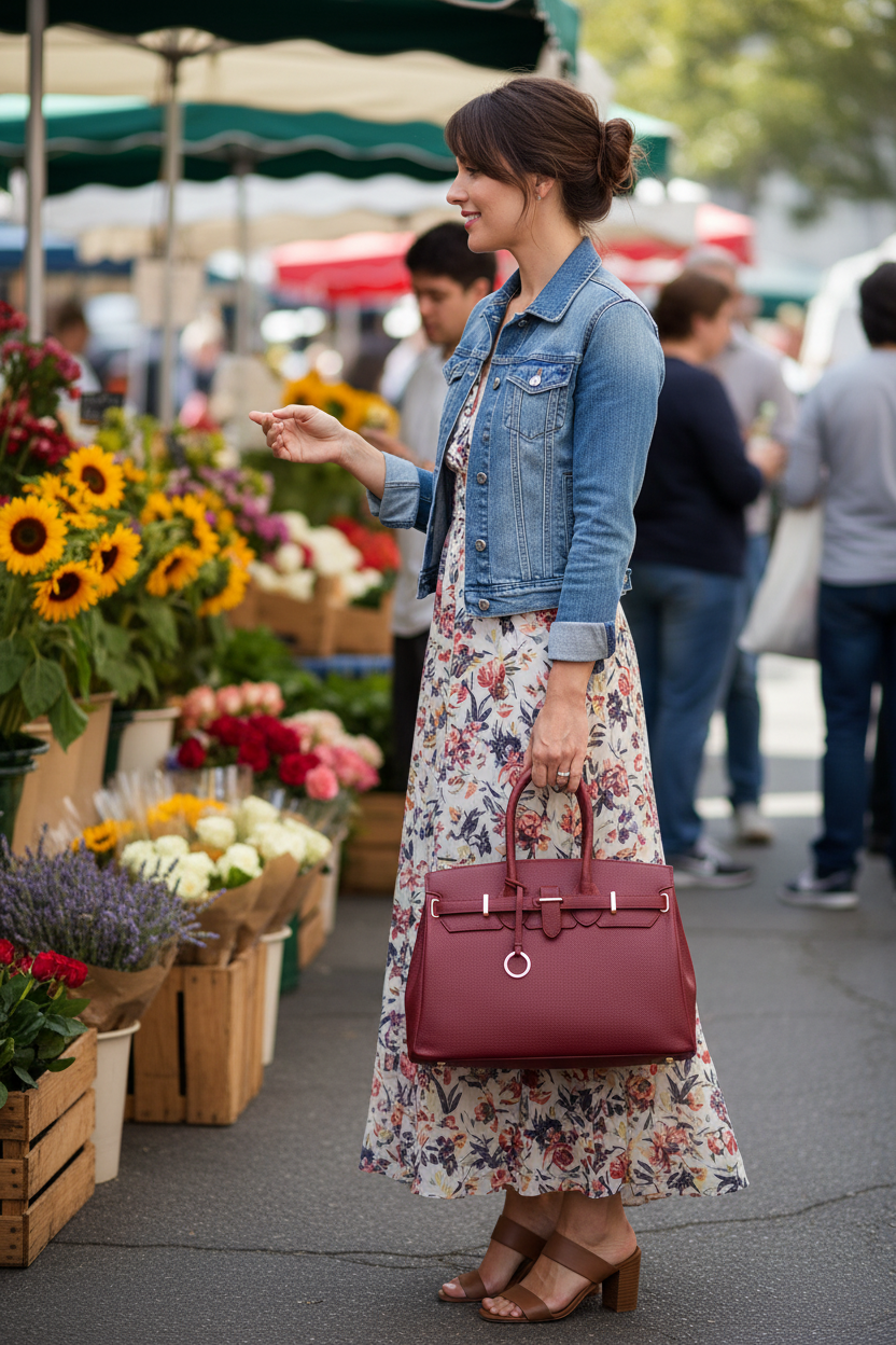 A woman standing at an outdoor flower market wearing a denim jacket, a floral maxi dress, and brown heeled sandals, while carrying a burgundy leather handbag.
