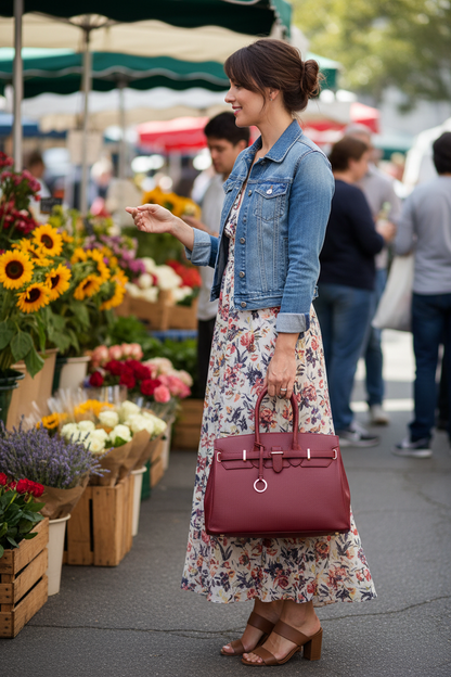 A woman standing at an outdoor flower market wearing a denim jacket, a floral maxi dress, and brown heeled sandals, while carrying a burgundy leather handbag.