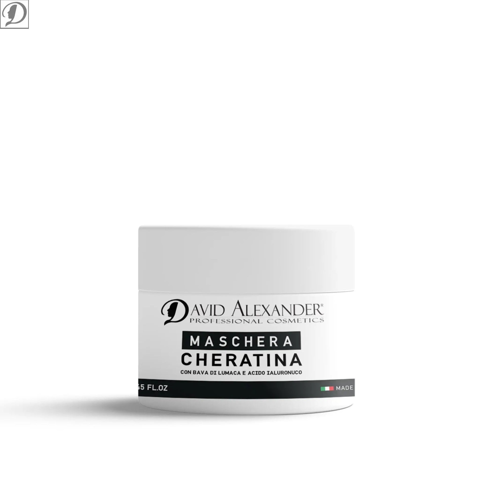White Maschera Cheratina jar with Keratin mask label by David Alexander Professional Cosmetics