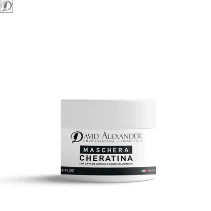White Maschera Cheratina jar with Keratin mask label by David Alexander Professional Cosmetics