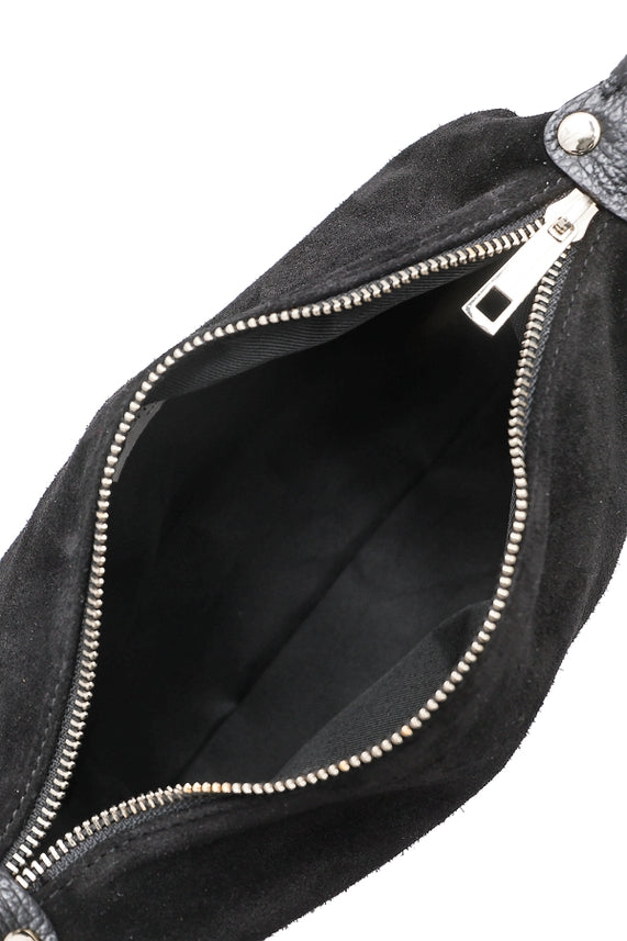 Montepulciano – Italian Suede Leather Hobo Bag close-up showing open top zipper and black suede interior lining.