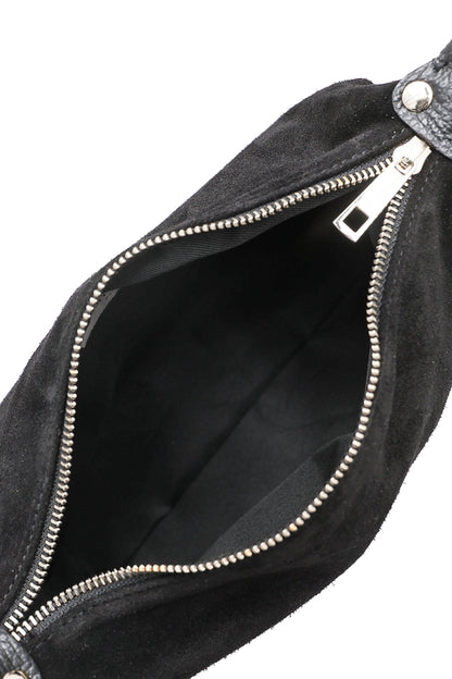 Montepulciano – Italian Suede Leather Hobo Bag close-up showing open top zipper and black suede interior lining.