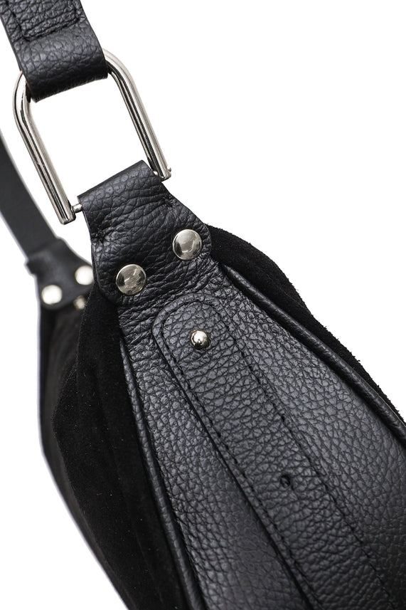 Montepulciano – Italian Suede Leather Hobo Bag close-up showing textured black leather strap and silver hardware details.