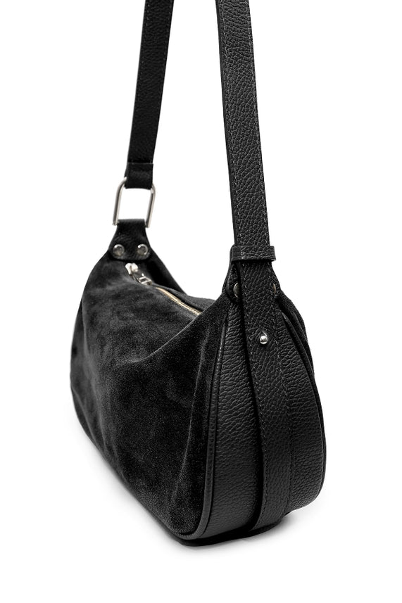 Montepulciano – Italian Suede Leather Hobo Bag in black with soft suede body and textured leather strap featuring silver zipper and hardware details.