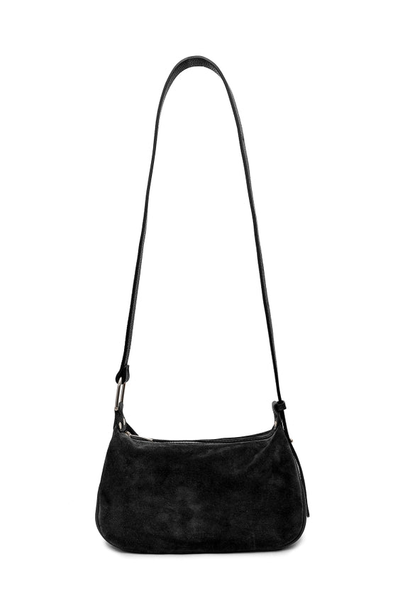 Montepulciano – Italian Suede Leather Hobo Bag in black with a slim shoulder strap and subtle silver hardware accents.