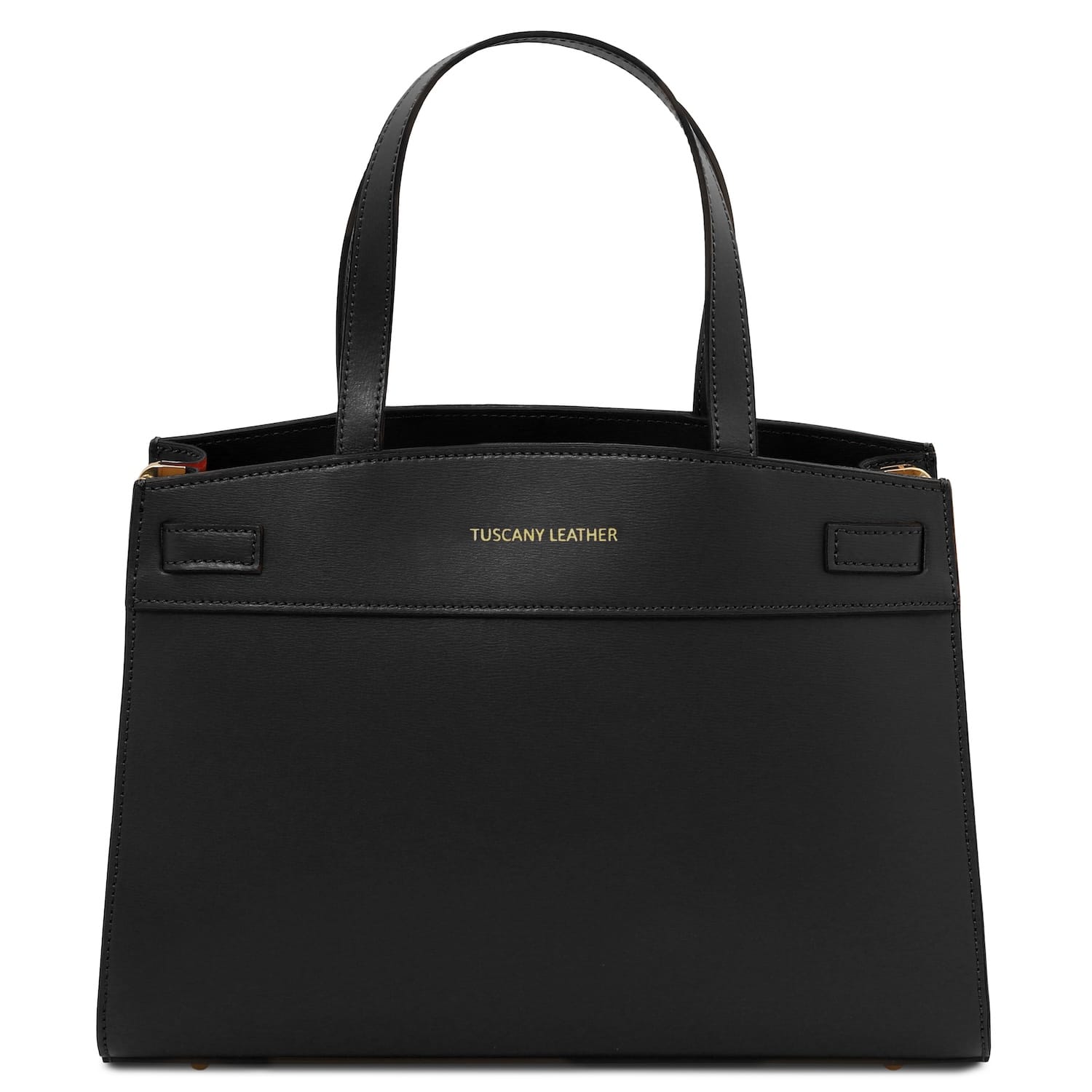 Black Musa Italian leather handbag with structured silhouette and gold hardware