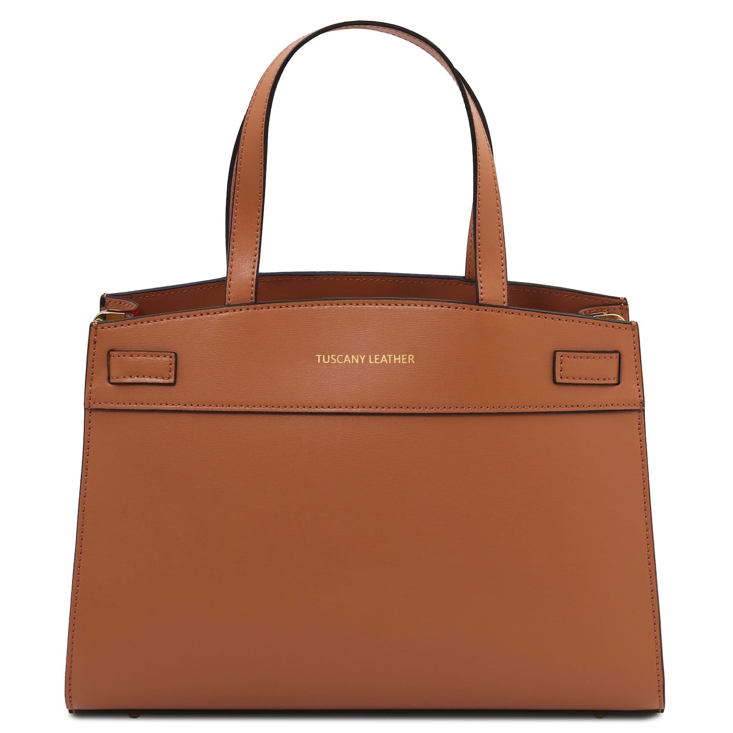 Tan Italian leather handbag with two top handles and gold branding reading TUSCANY LEATHER