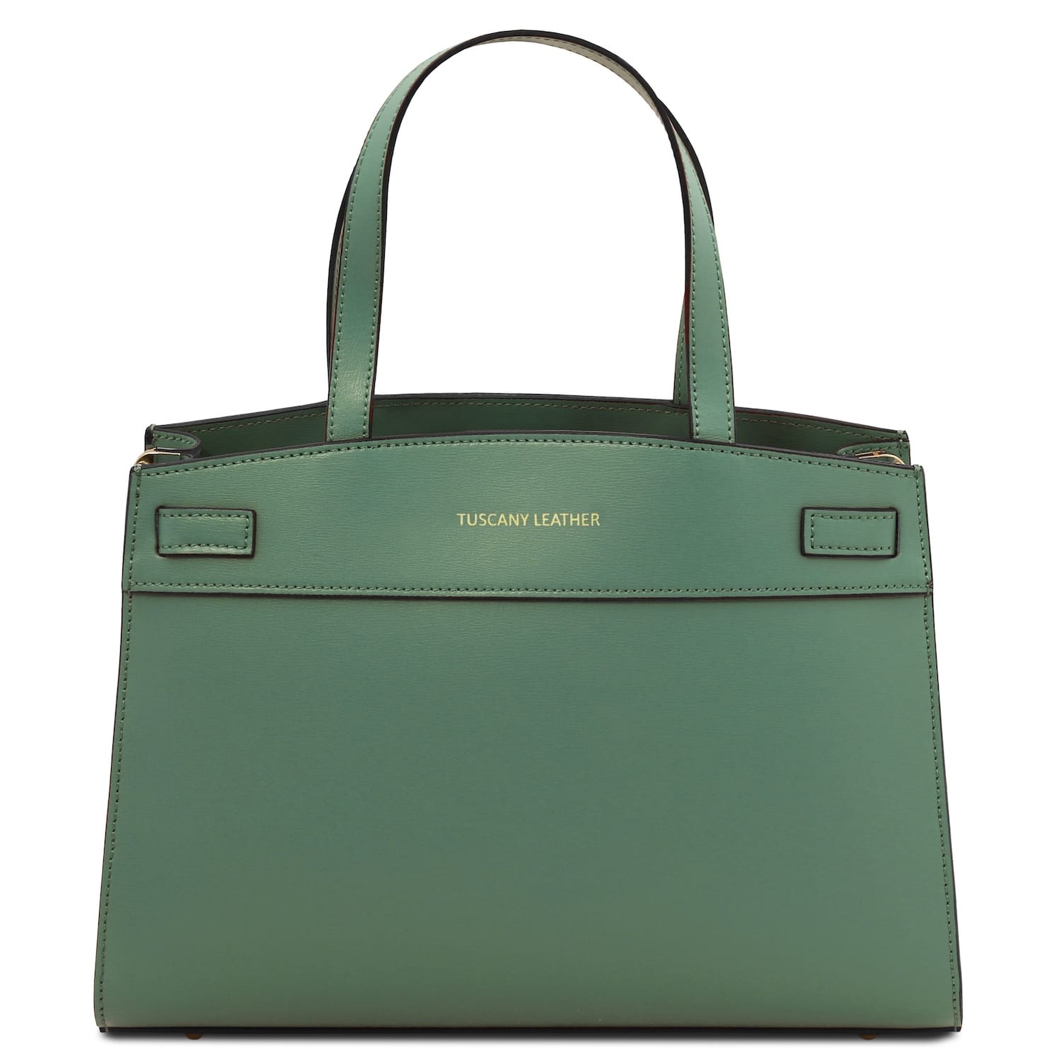 Green leather handbag with 'Tuscany Leather' branding on a white background