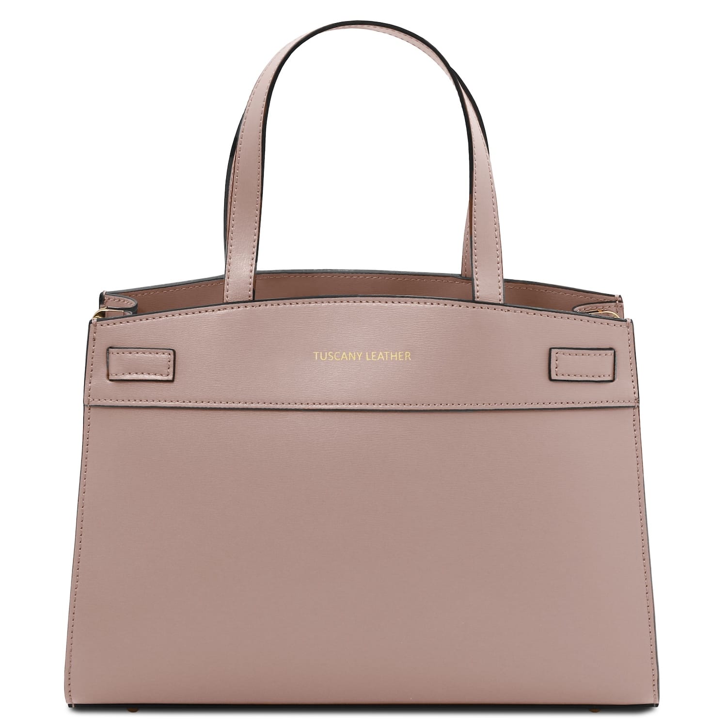 Nude pink handbag with 'Tuscany Leather' branding on a white background